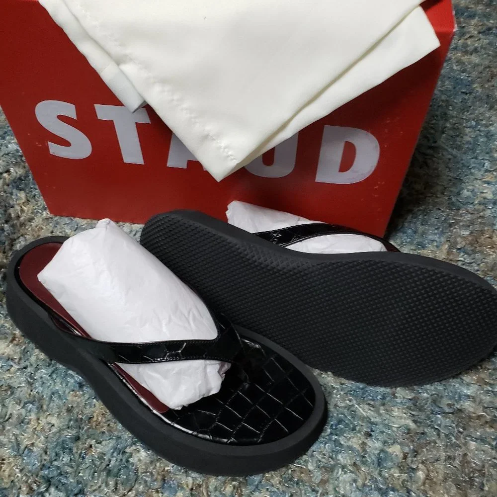 STAUD Black Croc-Embossed Platform Toe-Post Sandals with Burgundy Footbed